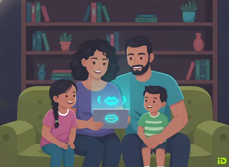 משפחה לומדת יפיפ ביחד בסלון — איור חם ומזמין של חוויית למידה משפחתית